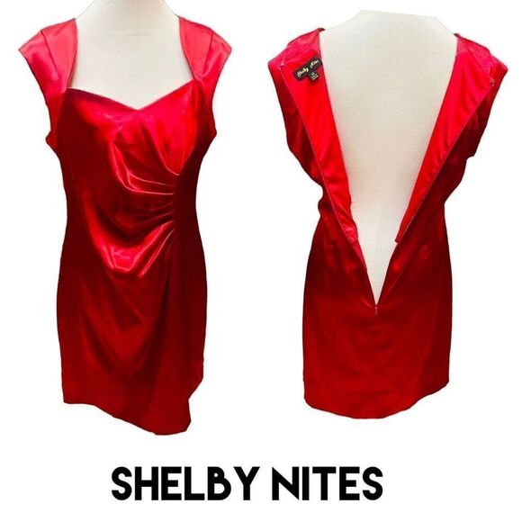 Shelby Nites Vintage Red Sheath Style Sleeveless Satin Midi Dress  With Ruched F - Picture 1 of 16